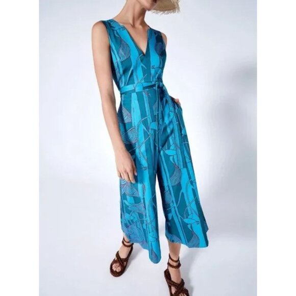 ALEXIS Cerelia Abstract Floral Jumpsuit Blue Green Wide Leg Cropped Sleeveless S - Picture 2 of 13